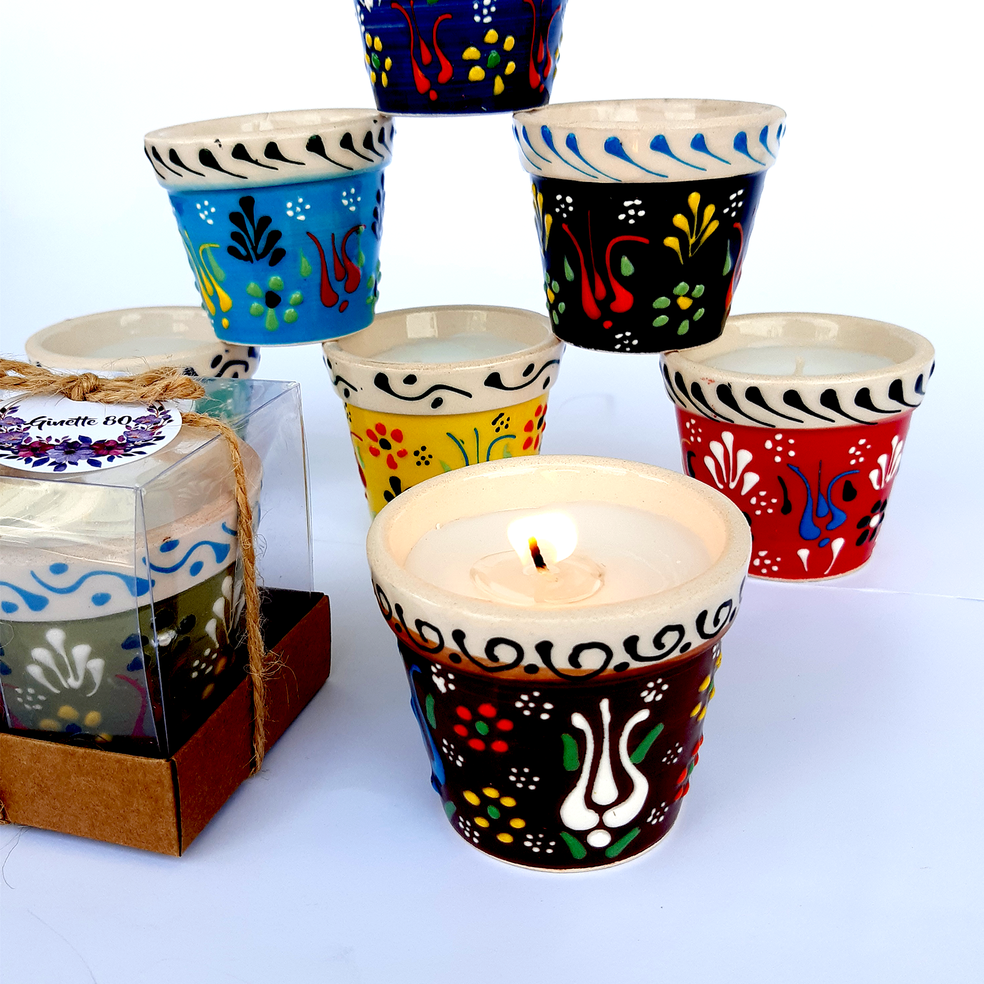 Recuerdos de boda, velas a granel en macetas de cerámica en caja para regalos de devolución